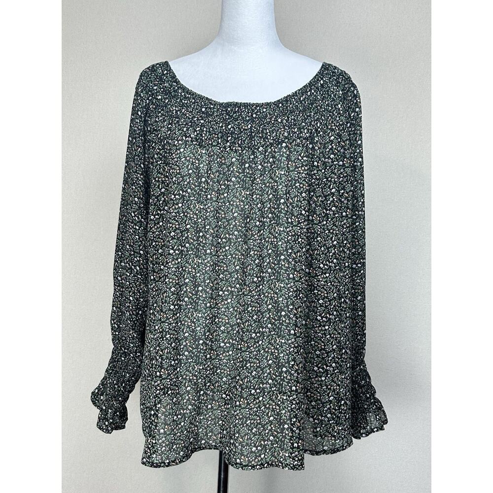 Kori America Womens Top Medium Black Floral Smocked Neck Stretch Peasant Boho